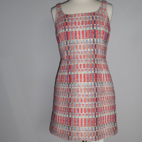 Tory Burch Tweed Red Blue Ribbon Sleeveless Metallic Career Work Shift Dress XS - Picture 2 of 10